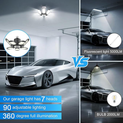 TANBABY 250W LED Garage Lights 2 Pack, Total 30000LM Deformable Best Ceiling Light with 7+1 Panels, E26/E27 Screw in Bulbs for Basement, Attic