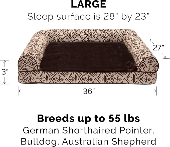 Furhaven Orthopedic Dog Bed for Large/Medium Dogs w/ Removable Bolsters & Washable Cover, For Dogs Up to 55 lbs - Plush & Southwest Kilim Woven Decor Sofa - Desert Brown, Large-Mewly Pet