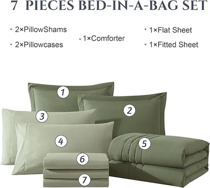Monbix King Size Comforter Set - 7 Pieces Bed in a Bag King, Light Sage Green Bedding Sets with Comforter, All Seasons Down Alternative Comforter Bed Set with Sheets, Pillowcases & Shams