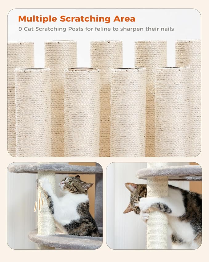 PETEPELA 61" Cat Tree for Indoor Cats, [6-Levels] Cat Climbing Tower with 9 Sisal Scratching Posts and Replaceable Dangling Ball &Top Perch, Grey-Mewly Pet