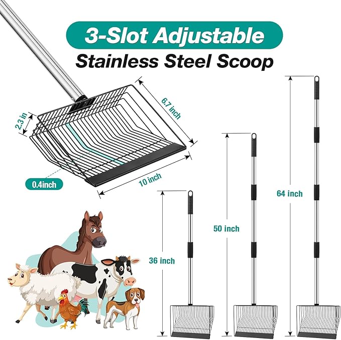 Adjustable Chicken Poop Scooper, Heavy Duty Stainless Steel Chicken Rake with 3-Slot Pole, Multi-Use Pet Waste Shovel & Hay Scooper - 36"/50"/64" Length-Mewly Pet