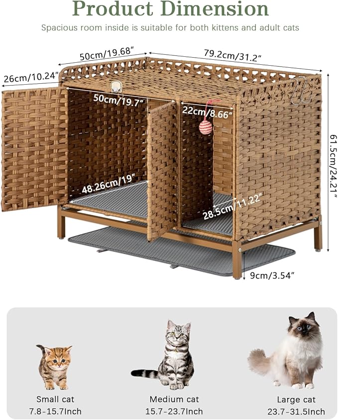 Cat Litter Box Enclosure Furniture with Divider, Handwoven Rattan Litter Box with Mat, 31.2 x 19.6 x 24.2 Inches, Metal Heightened Feet, Hidden Cat House for Living Room, Bedroom (Natural)-Mewly Pet