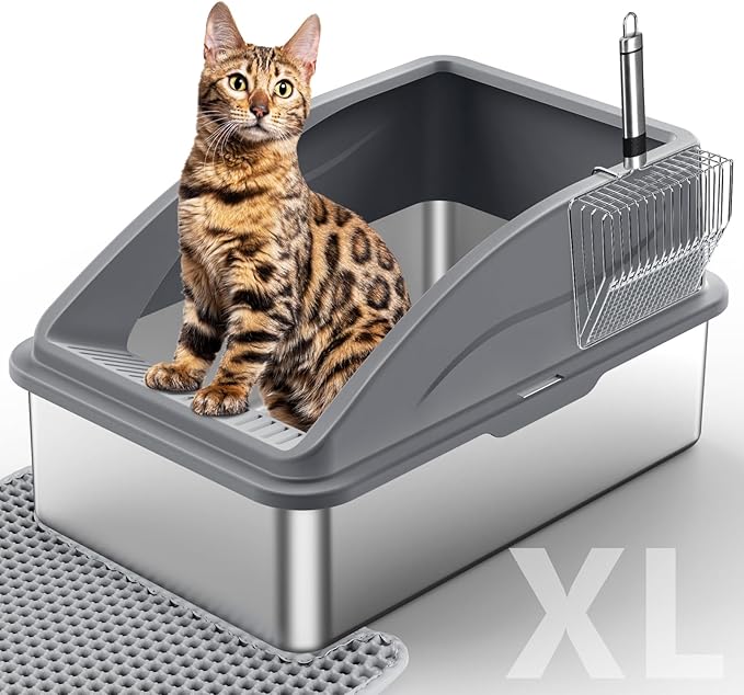Stainless Steel Litter Box, Extra Large Litter Boxes for Big Cats, XL Metal Cat Litter Box with Lid, Anti-Urine Leakage, Non-Sticky, Include Cat Mat and Litter Scoop-Mewly Pet