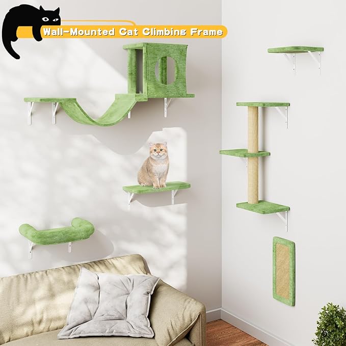 NUNU LAB Wall Mounted Cat Furniture, 6 Pcs Cat Wall Shelves with Condo House, Bridge, Steps, Scratcher, Hammock, Indoor Safe & Stable Furniture for Kittens Play, Green-Mewly Pet