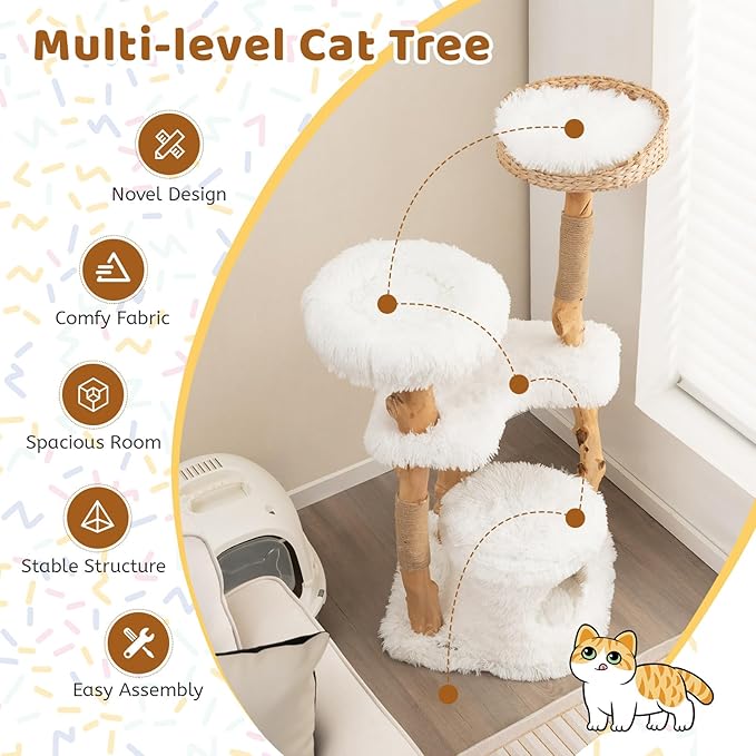Tangkula Cat Tree Tower, Solid Wood Modern Cat Tower with Top Cattail Basket Bed, Side Perch, Large Platform & Condo, Cute Cat Tree with Scratching Posts for Indoor Cats Large Adult-Mewly Pet