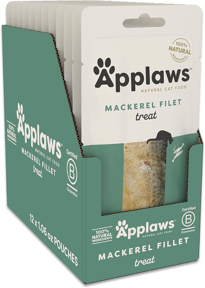 Applaws Natural Cat Treats, Grain-Free, High-Protein Whole Mackerel Loins, Single-Ingredient Healthy Snack for Cats (12 x 1.06 oz Loins)-Mewly Pet
