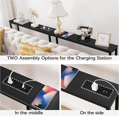 HOOBRO 63" Narrow Console Table with Charging Station, 5.9" Sofa Table with 2 Power Outlets and USB Ports, Long Entryway Tables Behind Couch Table, for Hallway, Livingroom, Black BB165UXG01