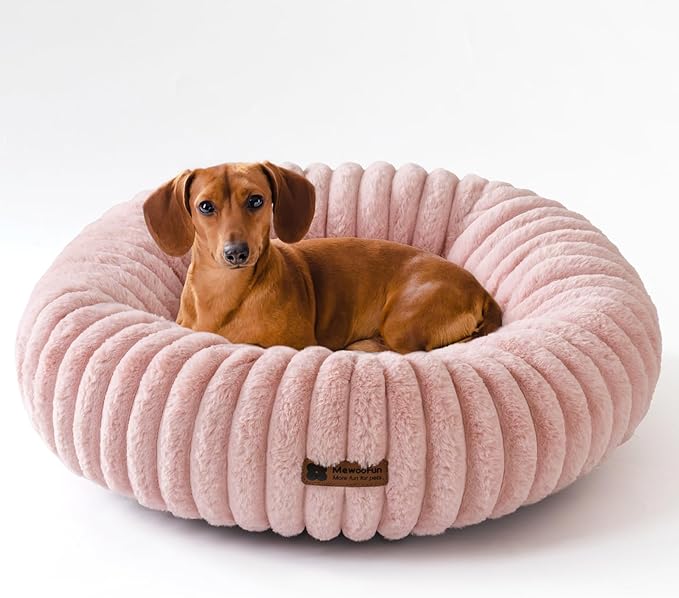 MEWOOFUN Donut Dog Beds for Small Dog, Calming Bed Round Cute Puppy Bed with Non-Slip Bottom, Fluffy Washable Pet Bed for Puppy and Kitten (Pink, S (25x25x7))-Mewly Pet