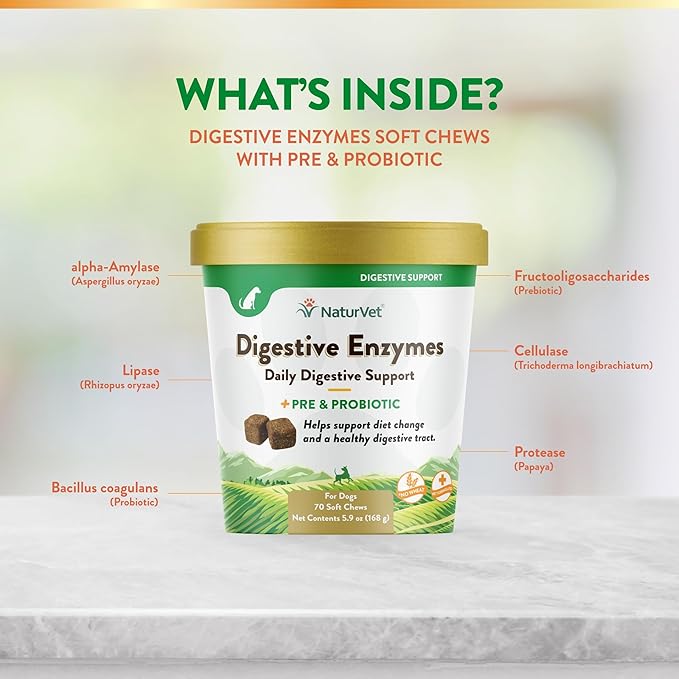 NaturVet – Digestive Enzymes - Plus Probiotics & Prebiotics – Helps Support Diet Change & A Healthy Digestive Tract – for Dogs (Soft Chews, 70 Count)-Mewly Pet