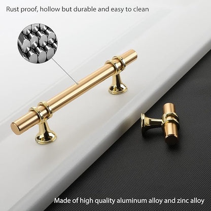Lontan 10 Pack Gold Brass Kitchen Cabinet Knobs - T Bar Solid Drawer Knobs - Single Hole - Brushed Brass for Dresser Drawers