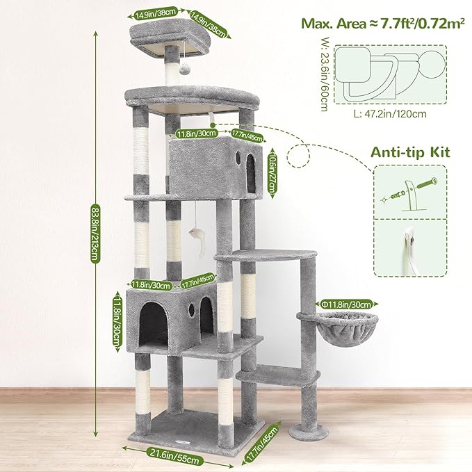 Globlazer Giant Cat Tree, 83 inch Cat Tree for Indoor Cats Large Adult, XXL Cat Tower with 9 Scratching Posts for 20lb+ Heavy Duty Large Adult Cats, F83, Light Grey-Mewly Pet