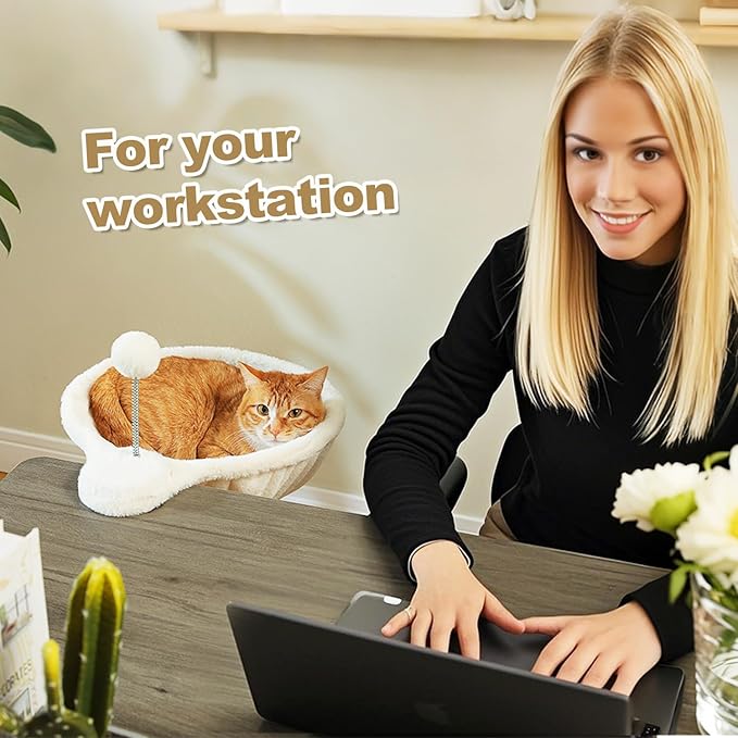 PAWZ Road Cat Bed for Desk with Interactive Plush Ball, 12 Inches in Diameter,Space-Saving Cat Desk Bed, White Cats Hammock for Table Supports Up to 40lbs, Medium-Mewly Pet