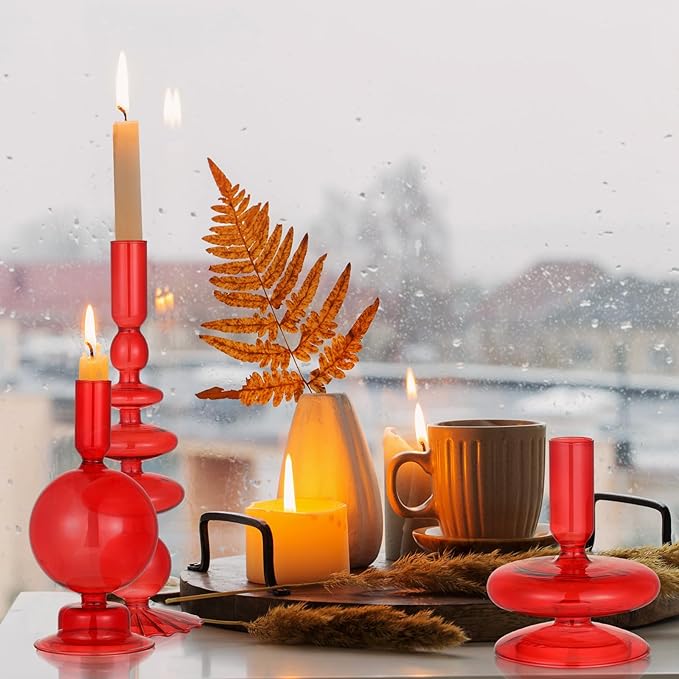 Rtteri 3 Pcs Glass Candlestick Holders Glass Candle Holders Groovy Wavy Elegant Taper Candle Stick for Wedding Home Birthday Party Christmas Halloween Decoration Windowsill Decor(Red)