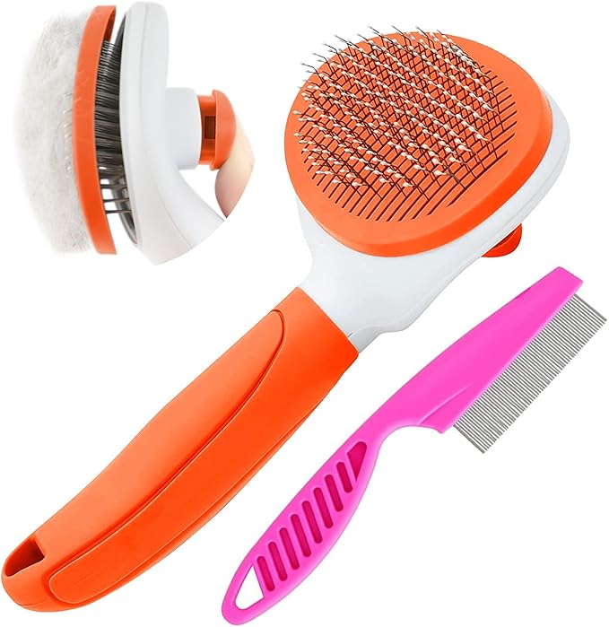 Cat Brushes for Indoor Cats, Dog Brush for Shedding with Metal Cat Comb, Self Cleaning Pet Hair Brush with Release Button for Grooming Kitten(Orange)-Mewly Pet