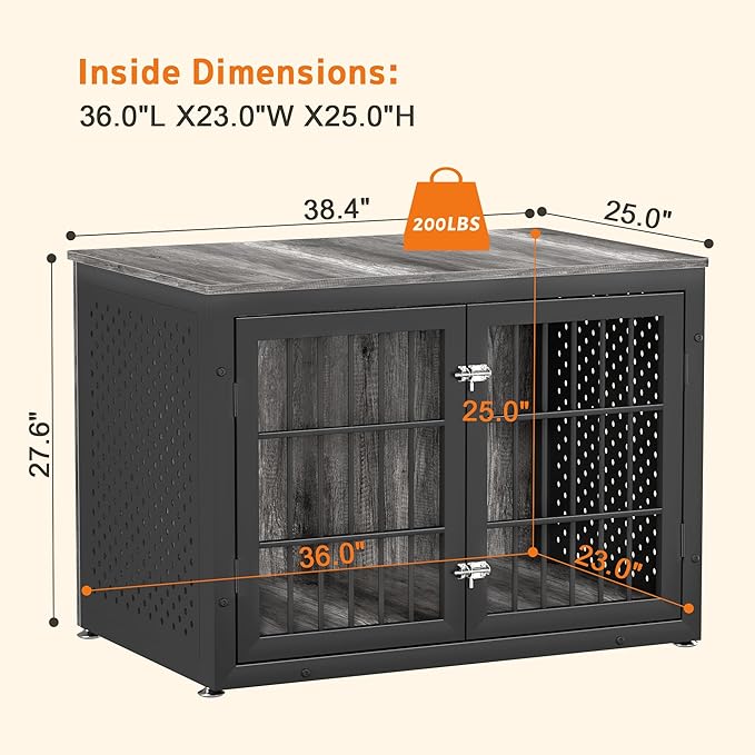 38" Heavy Duty Dog Crate Furniture for Large and Medium Dogs,Wooden Metal Kennel for High Anxiety Dogs, Chew Proof Pet Cage Indoor, Decorative Dog Kennel End Table-Mewly Pet