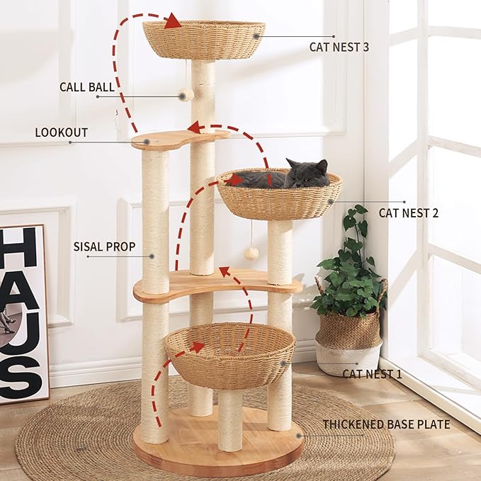 54" Modern Cat Tree Tower for Indoor Cats, Oak Cat Scratching Tree for Multiple Large Cats, Manual Hand Woven Luxury Cat Condo, Unique High-end Design Cat Furniture Activity Centre, Easy Clean-Mewly Pet