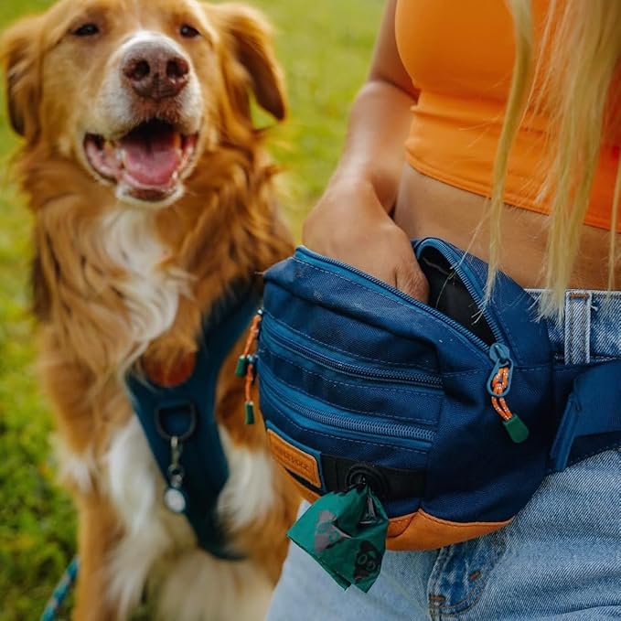 Wilderdog Utility Fanny Pack stores Treats, Balls, Keys in 3 Pockets with adjustable strap and Poop Bag dispenser (Pacific Blue)-Mewly Pet