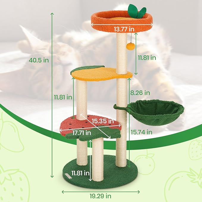 Happy & Polly Cute Cat Tree - 40.5" Fruit World Cat Tower for Indoor Cats, Cat Tree Condo with Sisal Scratching Posts, Cozy Hammock, Plush Strawberry Perches, Kitten Cat Trees Towers Activity Center-Mewly Pet