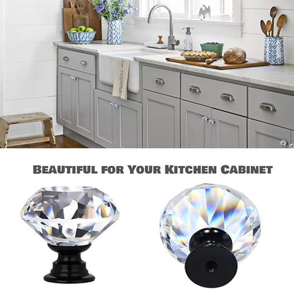 12 Packs Crystal Cabinet Knobs Drawer Pulls and Knobs Diamond Dresser Handles Crystal Pulls for Drawers - 30 mm Clear Glass Cabinet Knob with Black Base