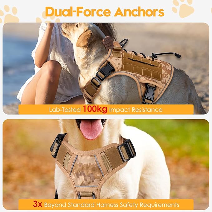 Heavy-Duty Tactical Dog Harness for Large Dogs, No Pull Adjustable Reflective Pet Vest with Molle System, K9 Military-Grade Control for Service Training, Outdoor & 10+ Breeds, Khaki Camo, X-Large-Mewly Pet