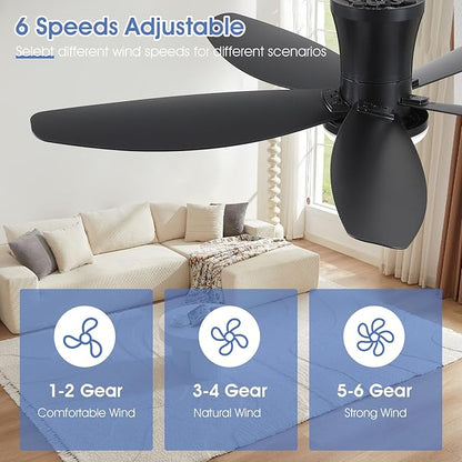 42" Ceiling Fans with Lights-Low Profile Ceiling Fan with Light and Remote/APP Control,Flush Mount,DC Reversible,LED Dimmable Blakc Ceiling Fans for Bedroom,Indoor/Outdoor Patio Use