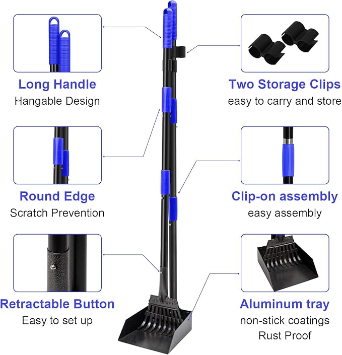 Pooper Scooper, Dog Pooper Scooper Tray and Rake Set with Adjustable Stainless Steel Long Handle for Large Medium Small Dogs (Blue)-Mewly Pet