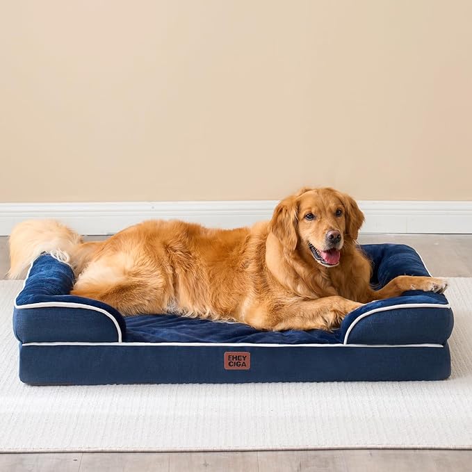 EHEYCIGA Orthopedic Dog Beds for Extra Large Dogs, Waterproof Memory Foam XXL Dog Bed with Sides, Non-Slip Bottom and Egg-Crate Foam Big Pet Couch Bed with Washable Removable Cover, Navy-Mewly Pet