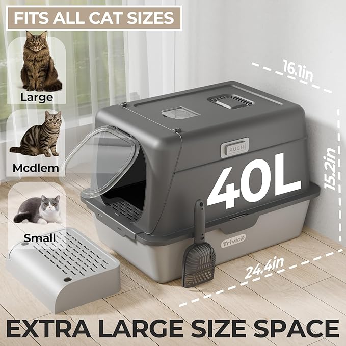 Stainless Steel Cat Litter Box with Lid, XX-Large Extra Large Litter Box for Big Cats, Enclosed Removable Metal Cat Box with High Sided Enclosure,Magnetic Door,40L Box, Litter Trap Step/Mat-Mewly Pet