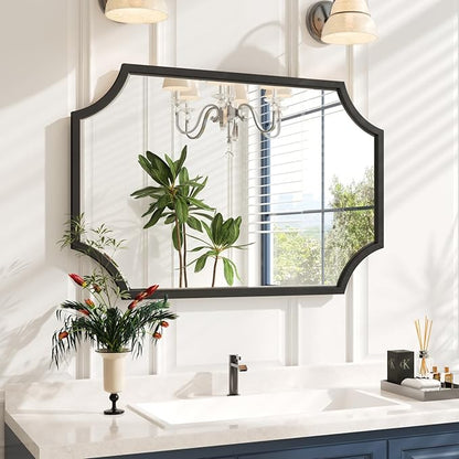 Kelly Miller Scalloped Black Bathroom Mirror for Wall, 24"x36" Black Mirror Decorative Wall Mirror Art Framed Mirror Bevelled for Master Bath Half Bath Living Room Fireplace Mantle Entryway Hallway