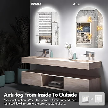 Niccy Arched LED Bathroom Mirror, 40x30 Inch Arch Frameless Backlit Mirrors for Wall Arched Lighted Vanity Mirrors Defogger and 3 Color, Explosion-Proof, HD Glass and IP65 Waterproof