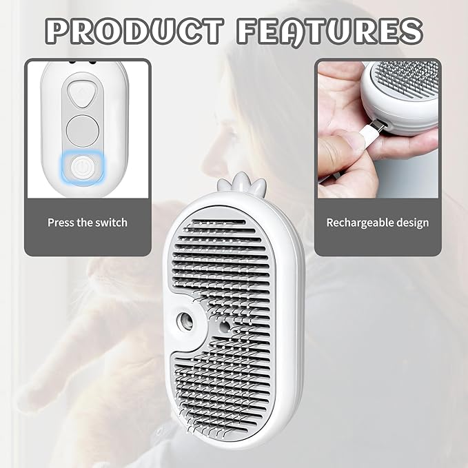 3-in-1 Rechargeable Steam Brush for Cats & Dogs - Anti-Static Spray Pet Grooming Brush with Warm Mist Massage, Hair Shedding Control, Detangling Comb & Cleaning Tool for Effective Deshedding-Mewly Pet