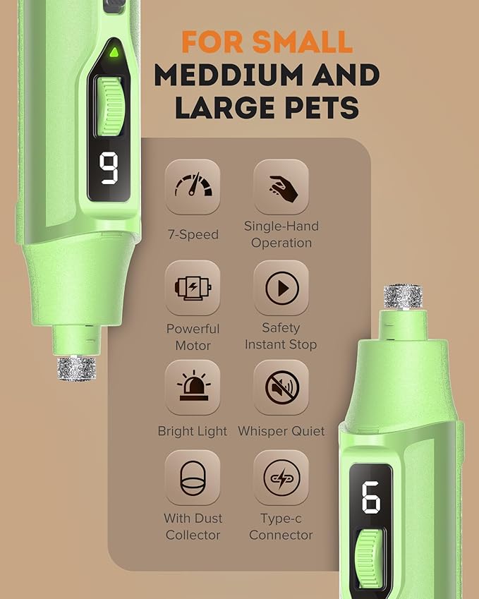 YABIFE 7-Speed Pet Nail Grinder with Light – Heavy Duty, Whisper Quiet Nail Trimmer for Dogs, Cats, Birds & Small Animals – Single-Handed Operation-Mewly Pet