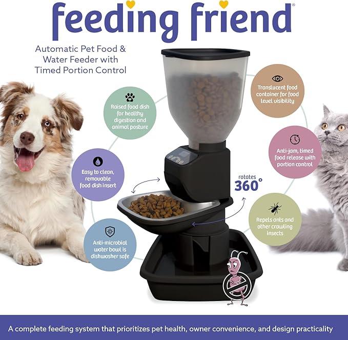 Automatic Dog & Cat Food Feeder with Water Dispenser – Smart Pet Feeder with Portion Control, OLED Display, Anti Jam Design, Battery Operated Dispenser for Medium/Large Pets - Black-Mewly Pet