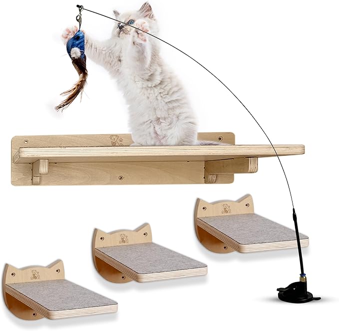 Snuggle & Play Cat Wall Shelves with Suction Cup Wand – 3 Mounted Steps, Climbing Wall Shelves and Furniture with Cat Wand-Mewly Pet