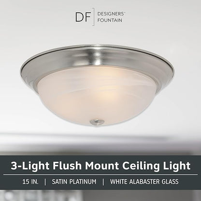 Designers Fountain 15 in Modern 3-Light Flush Mount Ceiling Light, Satin Platinum with Alabaster Glass Shade, 1257L-SP-AL