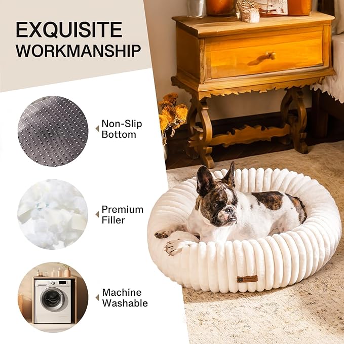 MEWOOFUN Donut Dog Beds for Small Dog, Calming Bed Round Cute Puppy Bed with Non-Slip Bottom, Fluffy Washable Pet Bed for Puppy and Kitten (Cream, S (25x25x7))-Mewly Pet