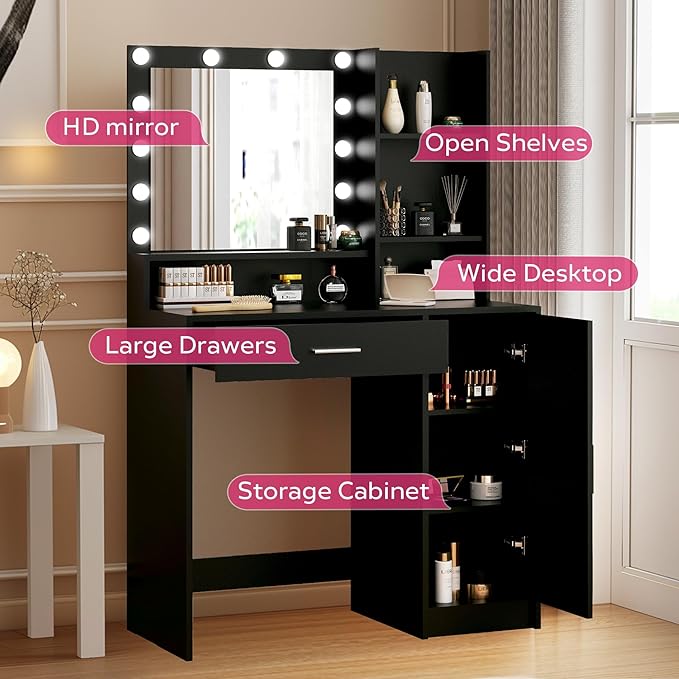 Vanity Desk with Mirror & Light, Large Drawer & Three Level Storage Dresser, 3 Lighting Modes Adjustable Brightness, Bedroom Dressing Table (Black)