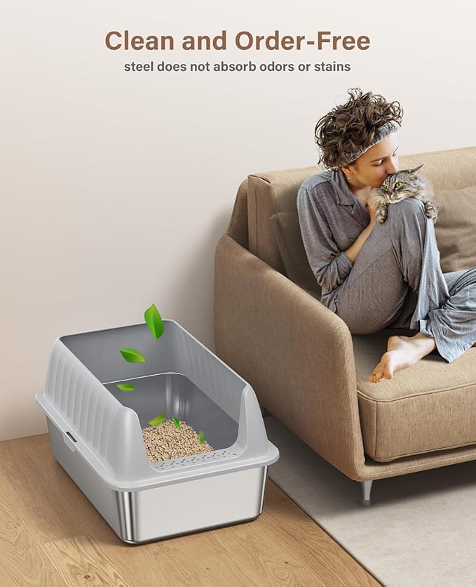 Cat Litter Box Stainless Steel XL with Lid, Enclosed Metal Extra Large Litter Box Pan High Sided with Scoop for Big Cats, Non-Sticky, Anti-Urine Leakage, Easy Cleaning-Mewly Pet