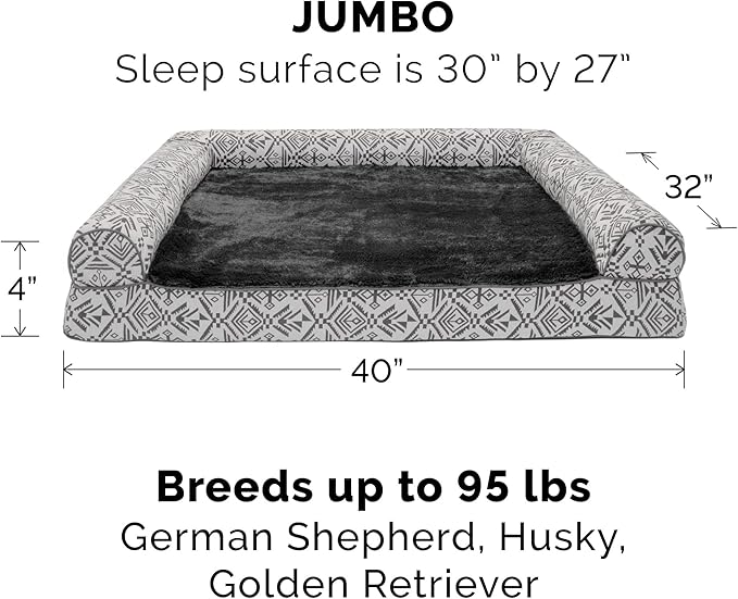 Furhaven Orthopedic Dog Bed for Large Dogs w/ Removable Bolsters & Washable Cover, For Dogs Up to 95 lbs - Plush & Southwest Kilim Woven Decor Sofa - Boulder Gray, Jumbo/XL-Mewly Pet