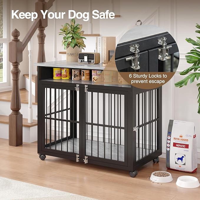 39.4" Dog Crate Furniture for Medium and Large Breed, Dog Kennel Furniture with Storage Shelf & Lockable Wheels, Heavy Duty Wooden End Side Table Pet Cage Indoor, Chew-Resistant, Grey-Mewly Pet