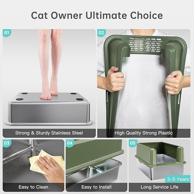 Enclosed Stainless Steel Cat Litter Box with Lid, XL Extra Large Litter Box for Big Cats, Metal Litter Pan High Sided, Never Absorbs Odors, Anti-Urine Leakage, Include Scoop (Green)-Mewly Pet