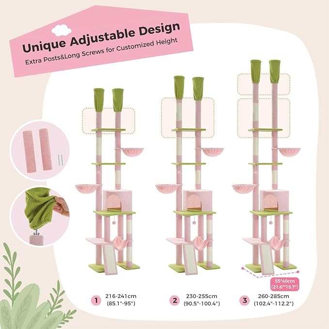 PAWZ Road Pink Cat Tree, Floor to Ceiling Cat Tower with Adjustable Height(85-112 Inches), 7 Tiers Climbing Activity Center with Cozy Hammocks, 5 Platforms and Scratching Posts for Indoor Cats-Pink-Mewly Pet