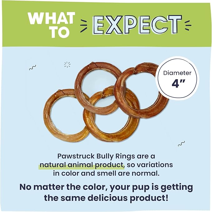 Pawstruck All-Natural 4" Bully Stick Rings for Dogs - Rawhide-Free, 100% Beef, Single Ingredient Dental Chew Bones - Fully Digestible, Low Odor - 10 Count - Packaging May Vary-Mewly Pet