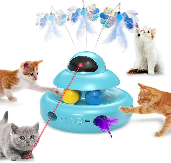 Cat Toys,4-in-1 Automatic Kitten Toy for Bored Indoor Adult Cats,lectric Flying Butterfly,Whack a Mole,Feather Track Balls,Blue-Mewly Pet