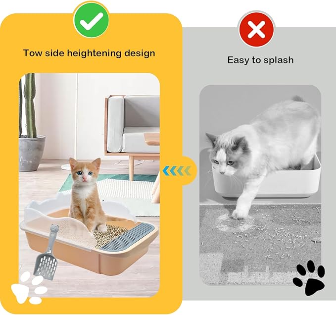 Open Cat Litter Box with High Side,Anti-Splashing Cats Litters Pan,Kitten Toilet with Litter Sifting Scoop,Semi-Enclosed Removable Kittens Litter for Boxes Easy to Clean No Odork(Khaki)-Mewly Pet