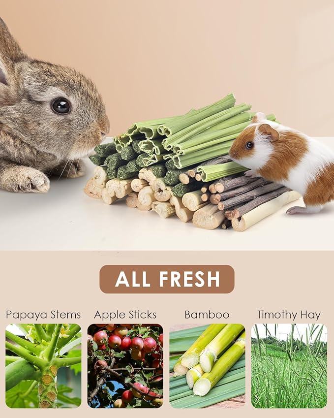 Bissap 60 PCS Rabbit Chew Sticks, Sweet Bamboo Timothy Hay Chew Stick Papaya Stems Apple Branch Bunny Chews for Rabbit Hamster Chinchilla Guinea Pig Small Pet Natural Molar Treats-Mewly Pet