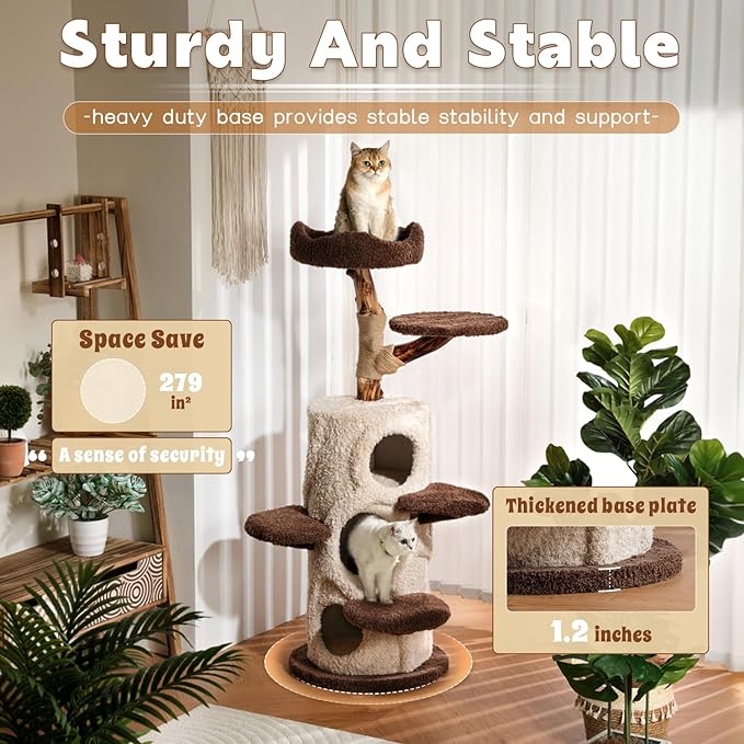 Luxury Treehouse Cat Tree for Indoor Large Cats,54.7'' Tall Modern Wood Cat Tower with 3 Level House,4*Cozy Perch,1*Soft Viewing Bed,Heavy Duty Wide Base,Sisal Scratching Post (54.7inch)-Mewly Pet