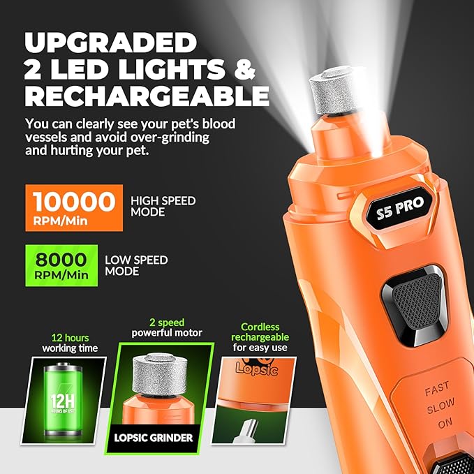 Dog Nail Grinder with 2 LED Lights Powerful 2 Speeds Super Quiet Dog Nail Trimmers with 3 Grinding Wheels Rechargeable Pet Dog Nail Clippers for Large Medium Puppy Dogs Dog Nail File Cat Nail Clipper-Mewly Pet