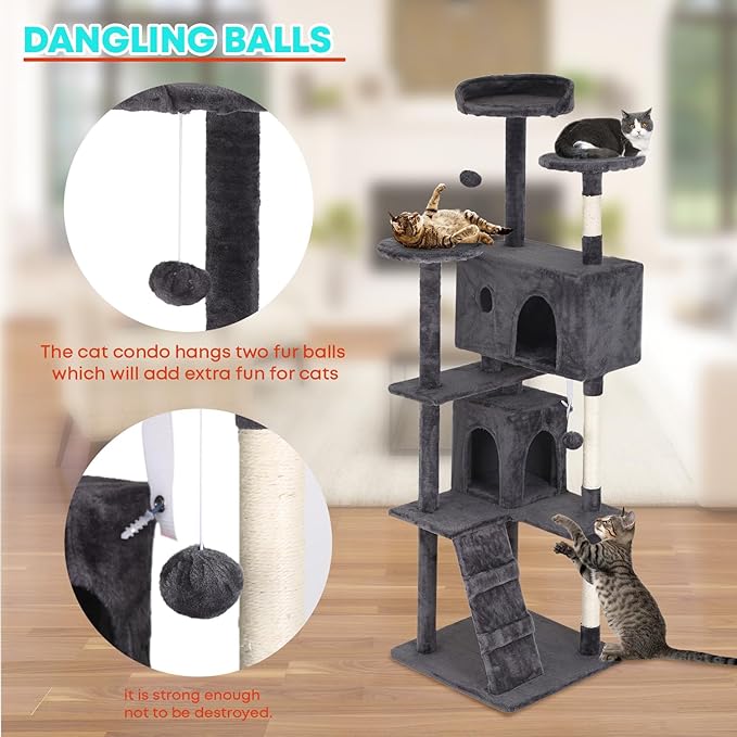 FDW Cat Tree 70in Cat Tower Multi-Level Durable Cat Scratching Post & Cozy Fun Cat Jumping Platform Space Saving Cat Condo Pet Play House for Indoor Cats,Light Gray-Mewly Pet