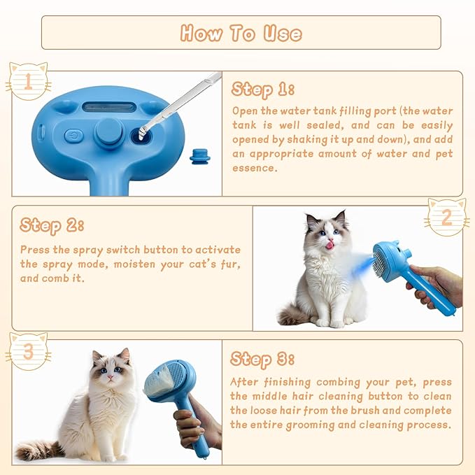 5-in-1 Pet Steam Brush for Cats & Dogs – Grooming, Shedding, Massage & One-Touch Clean for Short & Long Hair Pets – Electric Cat Brush with Comb & Steam (Blue)-Mewly Pet